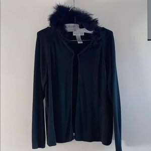 August Silk Black Hooded Sweater with fur trim